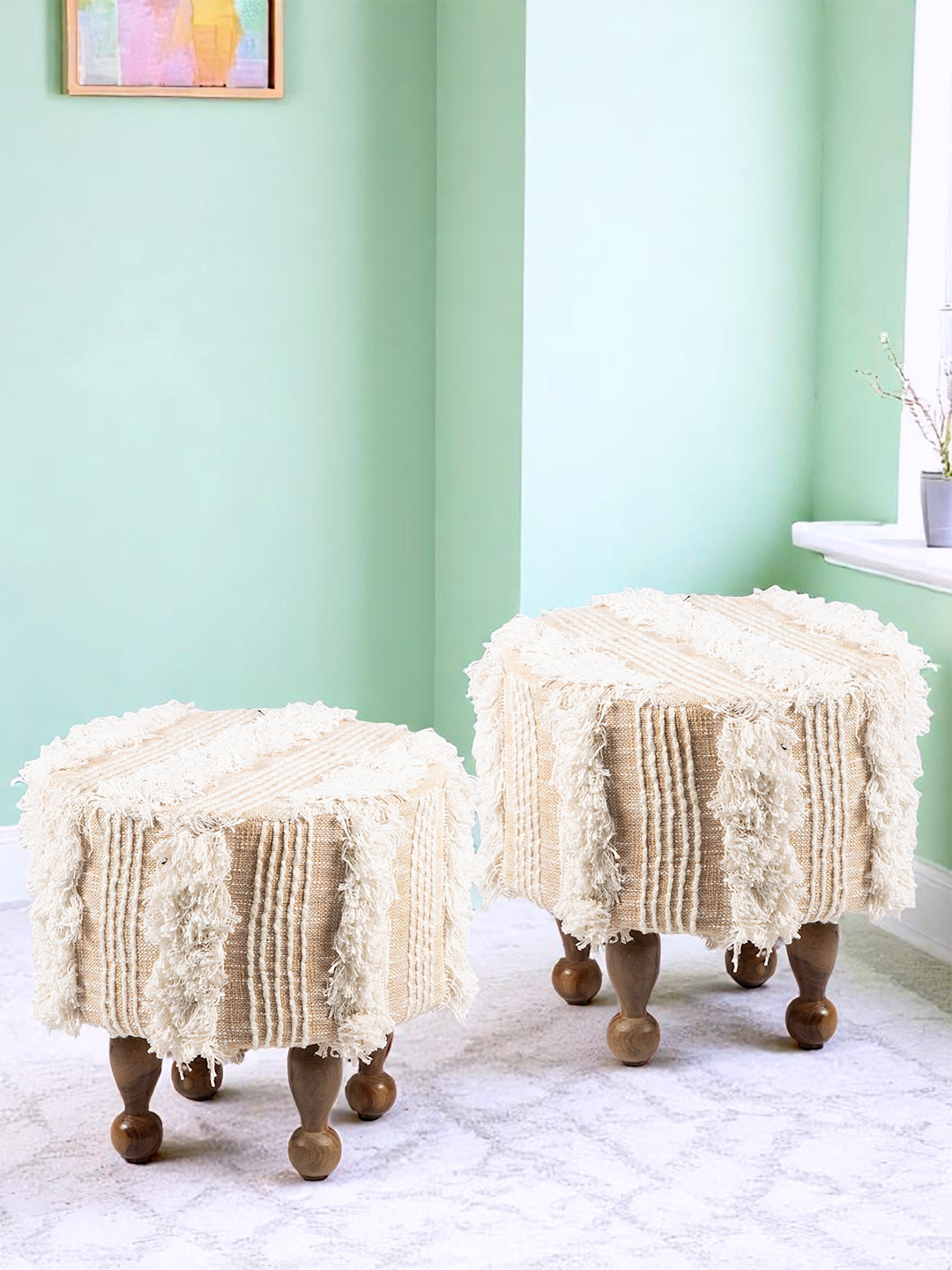 Ikiriya Solid Wood Mid Century Round Set Of 2 Pouf Stools In Beige Fringes Fabric