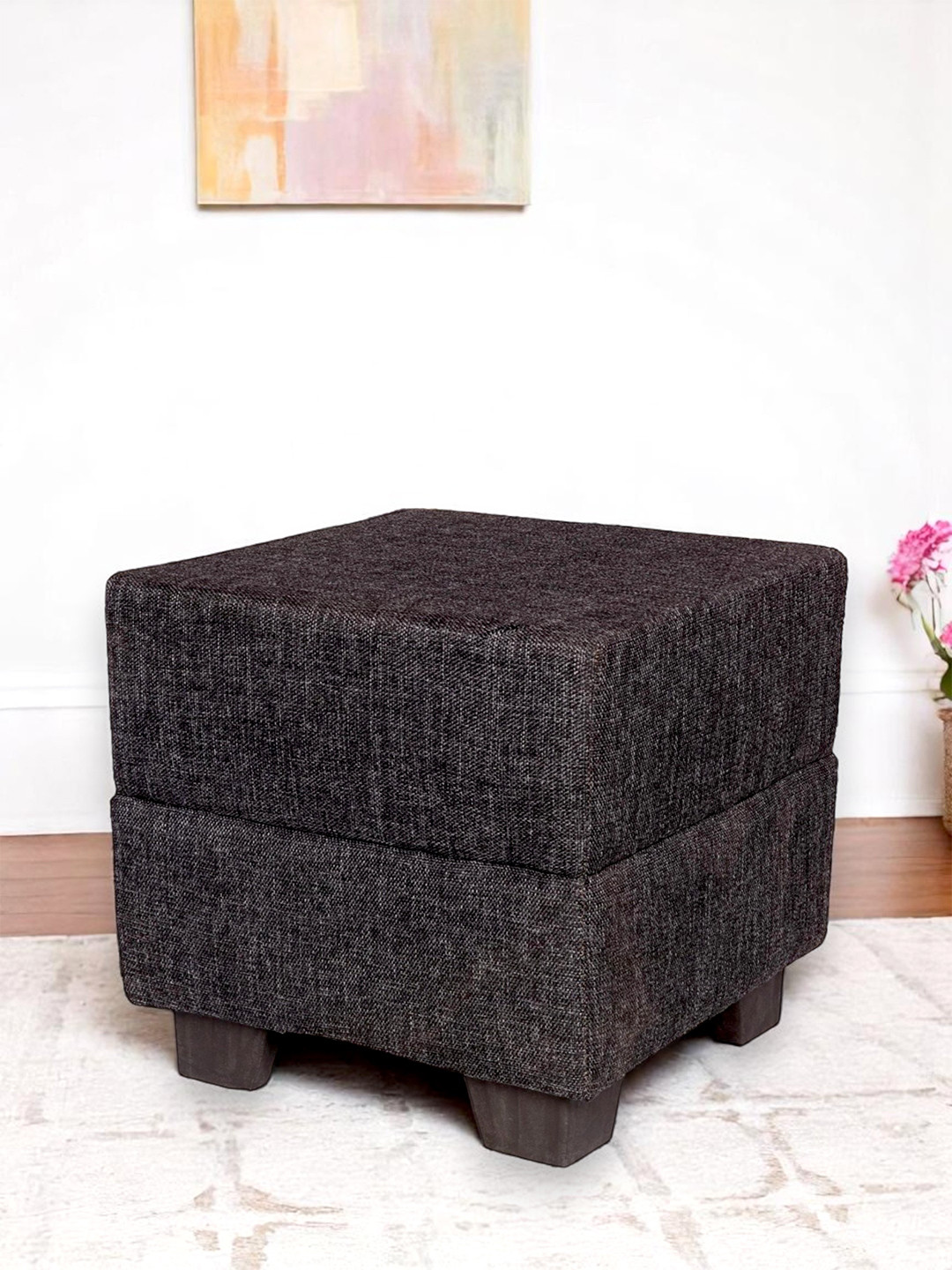 Ikiriya Iris Solid Wood Ottoman Pouffee In Jute Black Fabric