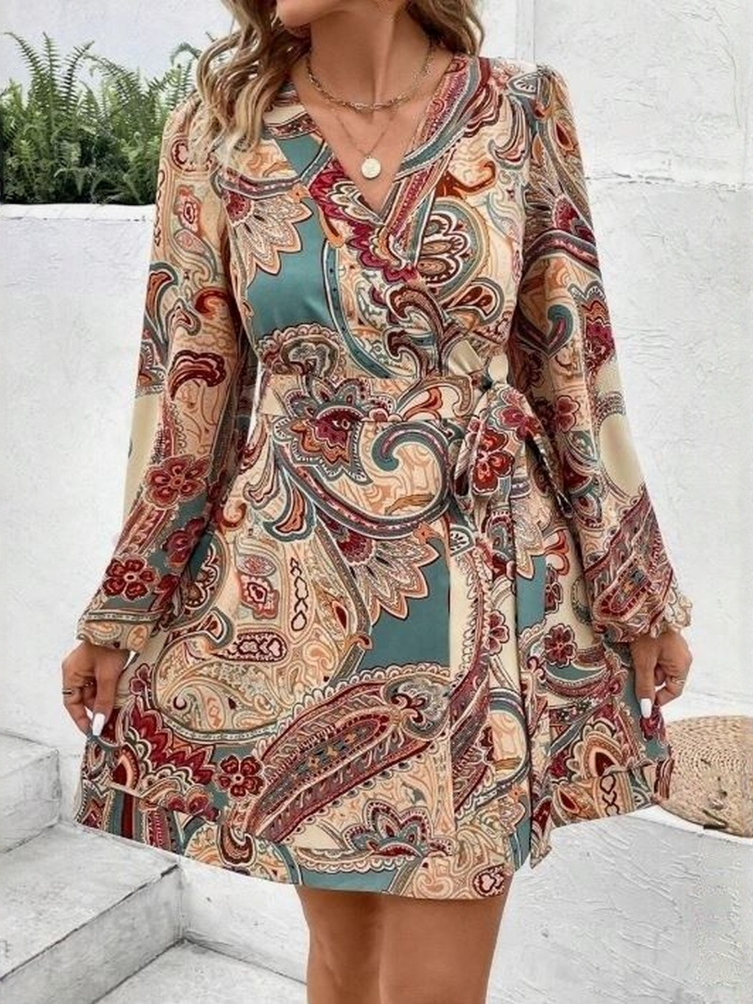 SZN Floral Printed V-Neck Long Sleeves Mini Dress
