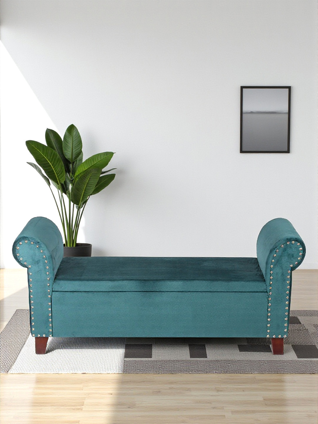 Ikiriya Sheesham Wood Accent 2 Seater Couch / Bench With Storage In Turquoise Sea Velvet