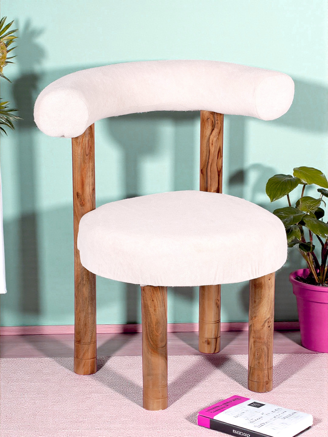 Ikiriya Sheesham Wood Mid Century Lounge Chair In Off White Soft Boucle Fabric Upholstery