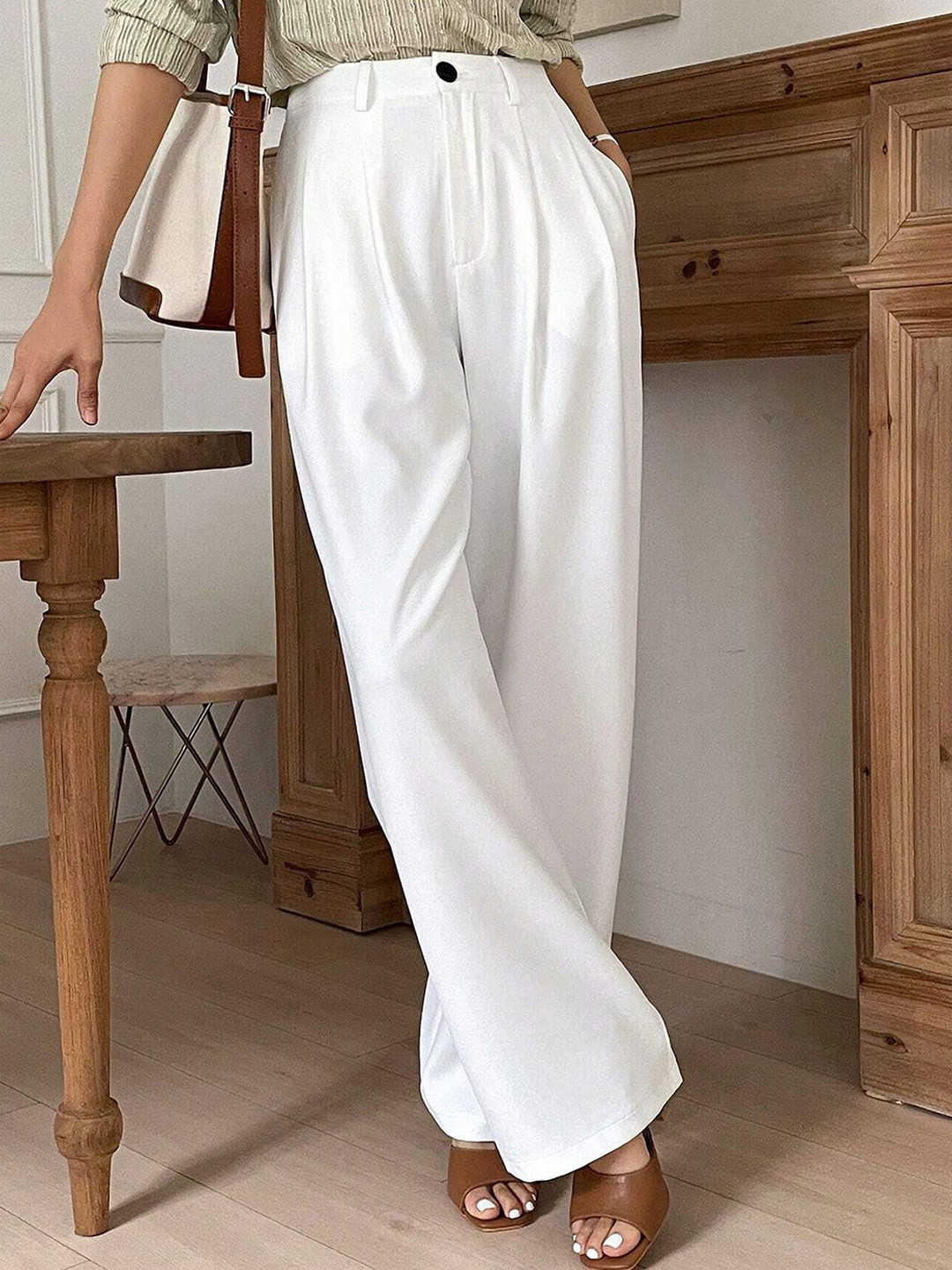 FNOCKS Women Relaxed Straight Leg Wide LegHigh-Rise Pleated Trouser