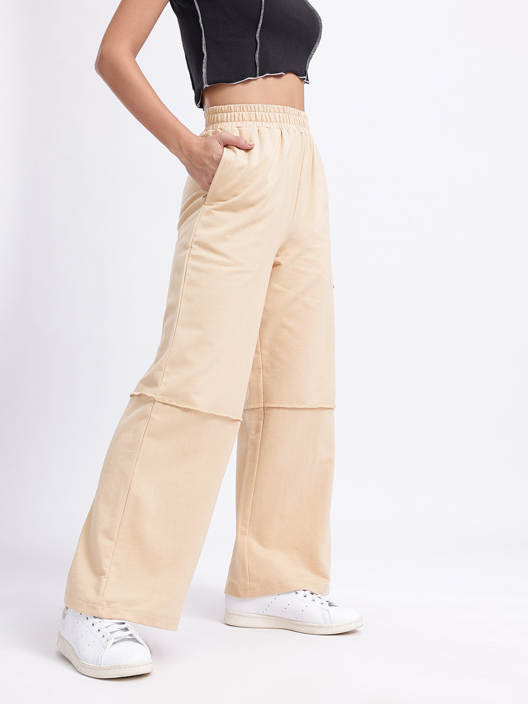 glitchez Women Mid-Rise Terry Wide Leg Track Pants with Front Seam