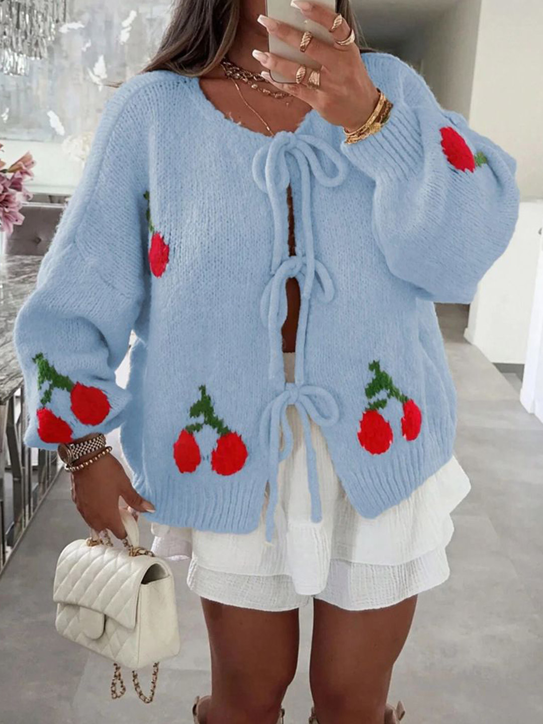 StyleCast Women Floral ToggleLace Inserts Round Neck Long Sleeves Cardigan