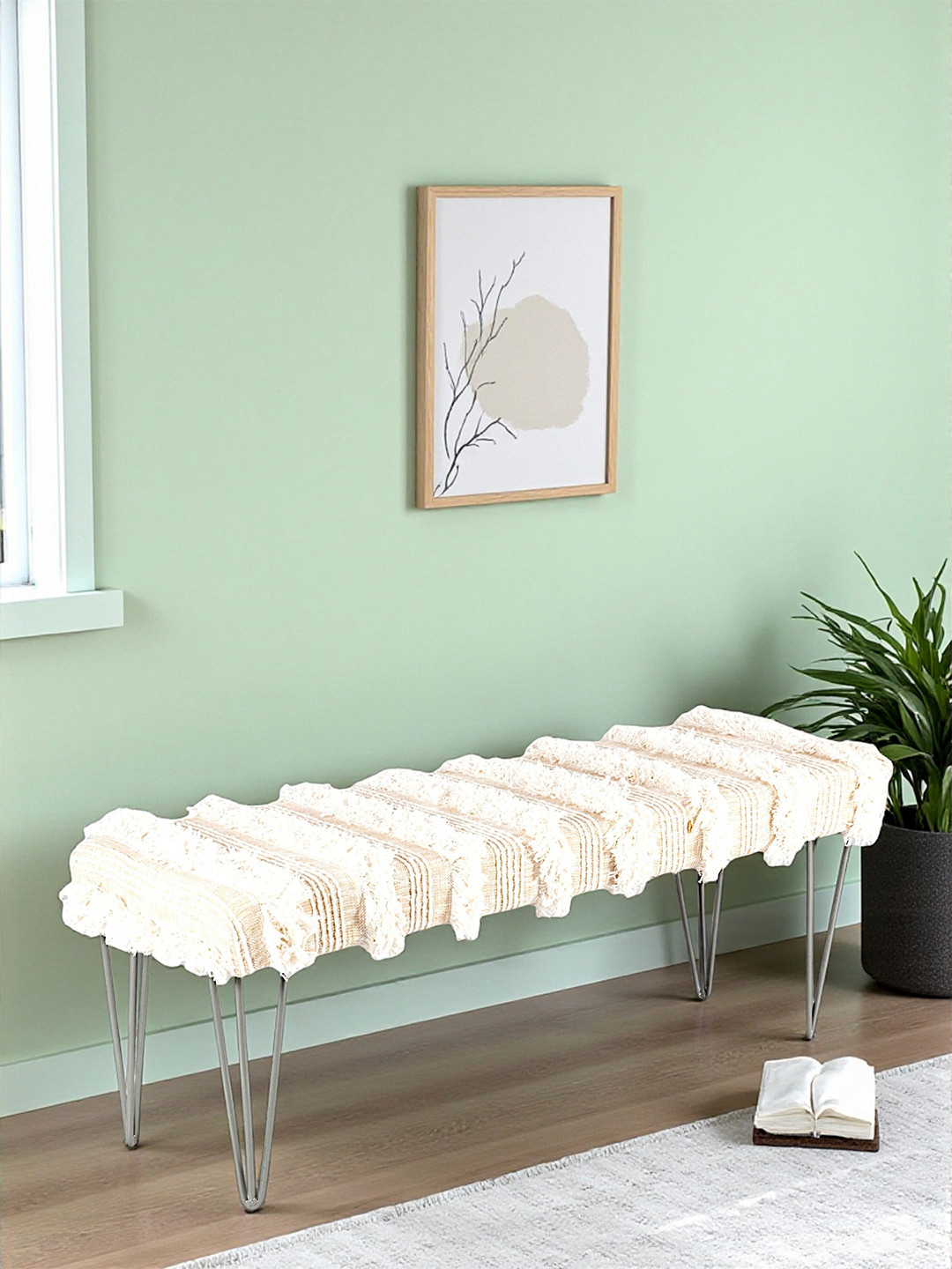 Ikiriya Solid Wood Mid Century 3 Seater Bench With Metal Legs In Beige Fabric With Fringes