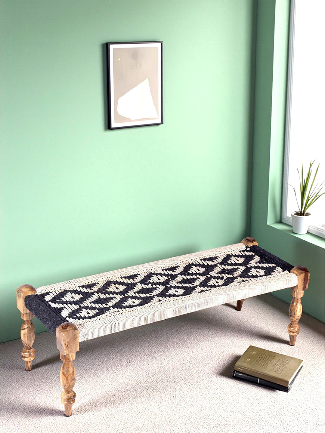 Ikiriya Hamilton Sheesham Wood Vintage 3 Seater Maachi Bench In Black & White Rope Canning