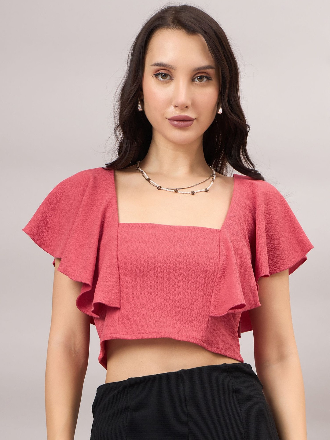 R.Code by The Roadster Life Co. Solid Ruffle Sleeve Crop Top