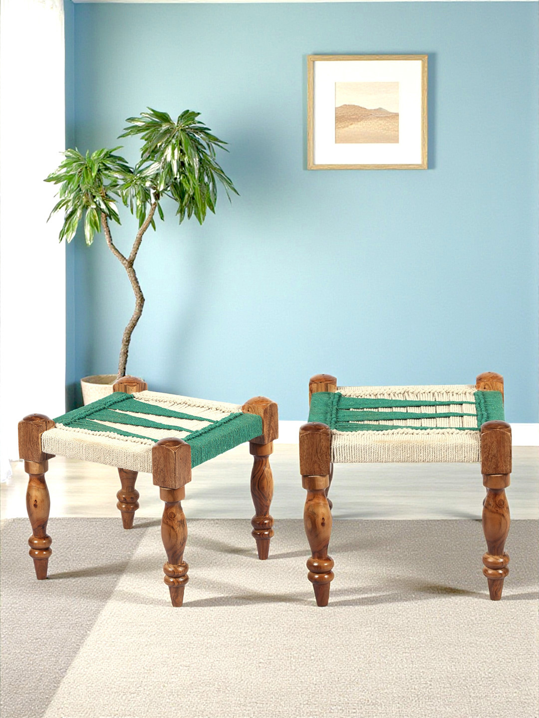 Ikiriya Riaza Sheesham Wood Square Maachi Set Of 2 Stools In Green & White Rope Canning