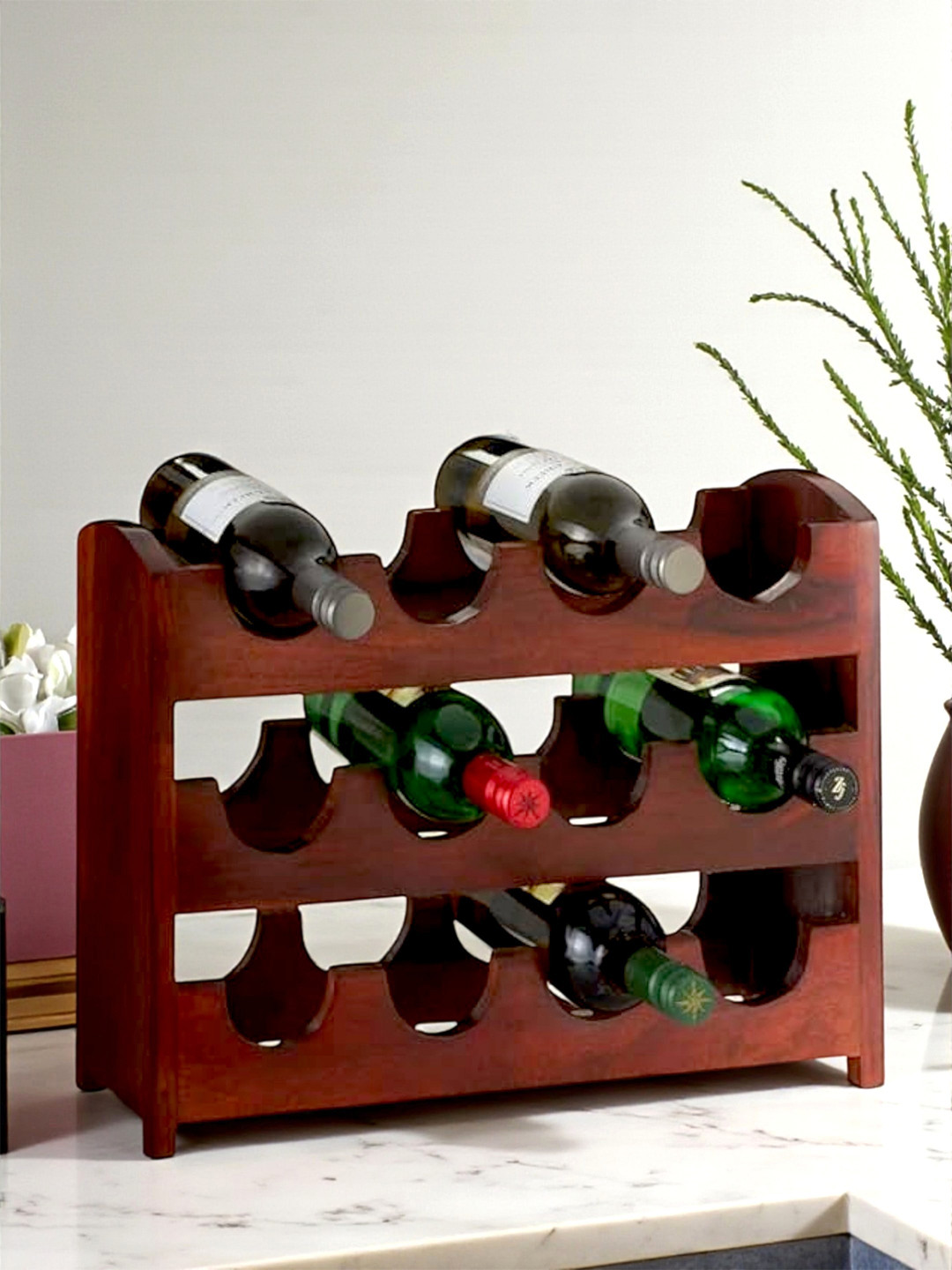 Ikiriya Kassel Sheesham Wood Accent Wine Rack In Honey Finish For Upto 12 Bottles