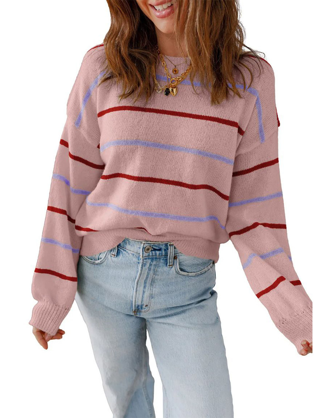 StyleCast x Revolte Women Cable Knit Striped Round Neck Pullover