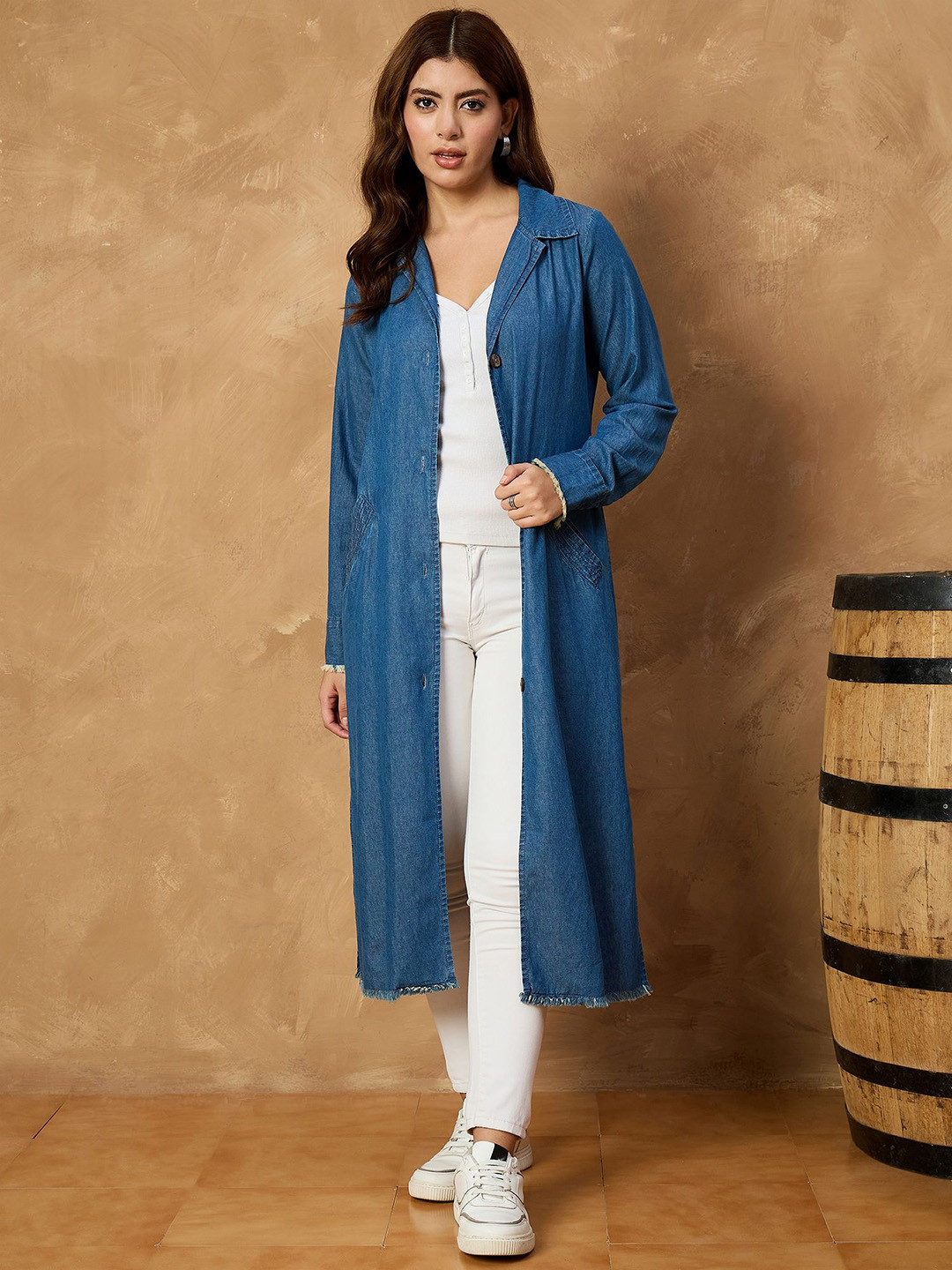 all about you Women Notched Lapel Collared Lightweight Longline Overcoat