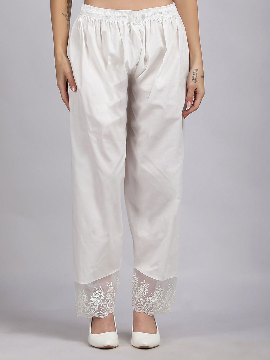 MICHAEL KOVLIN Women Floral Embroidered Lace Design Regular Fit Cotton Trousers