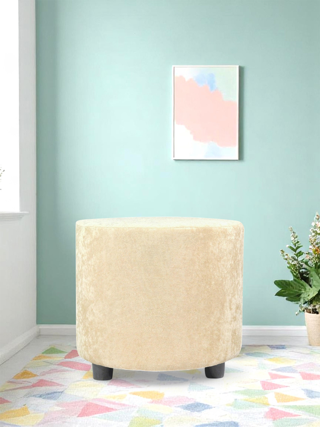 Ikiriya Lisbon Solid Wood Contemporary Round Pouffee In Beige Velvet Upholstery