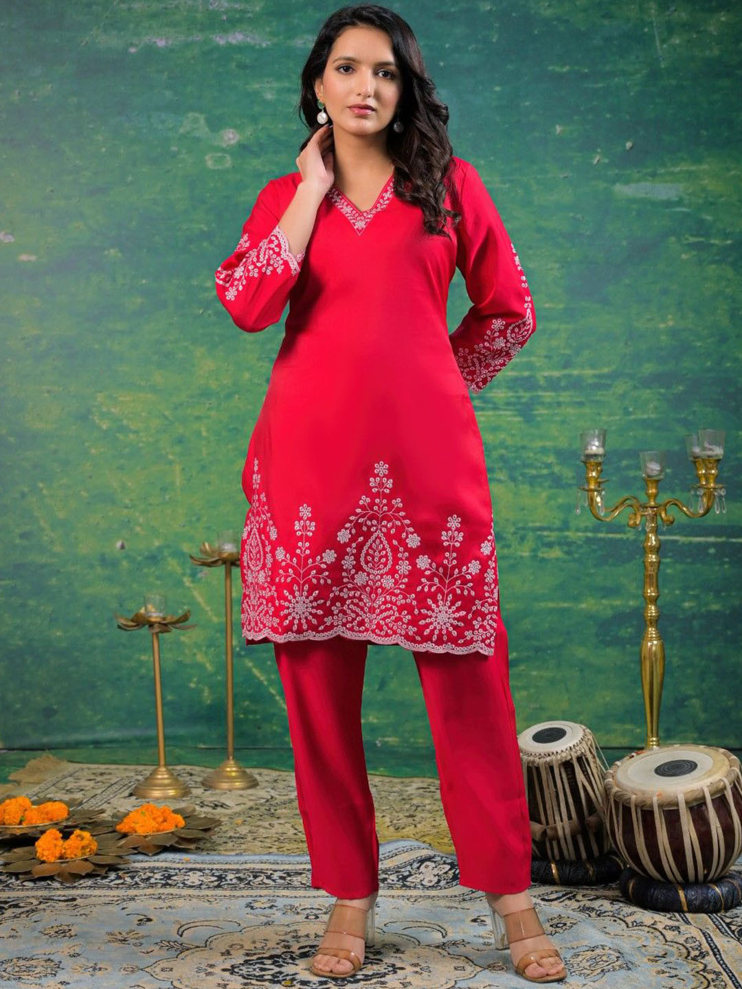 AUTUMN LANE Ivy Carmine Embroidered Tunic With Trousers Co-Ords