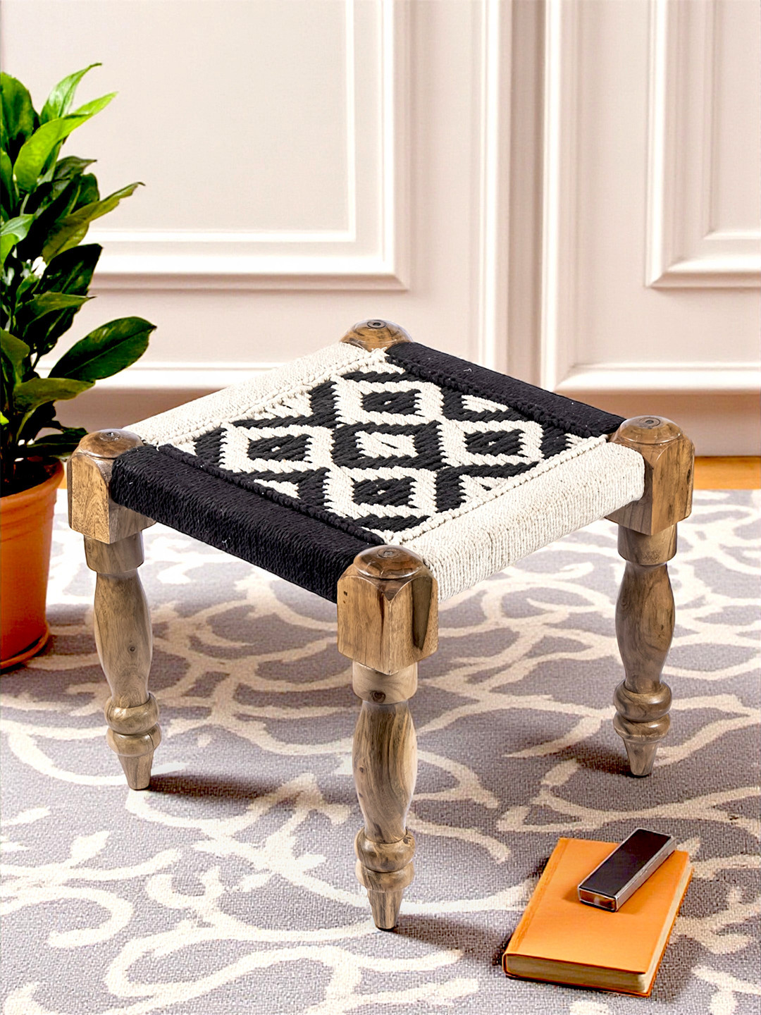 Ikiriya Riaza Sheesham Wood Vintage Square Maachi Stool In Black & White Rope Canning