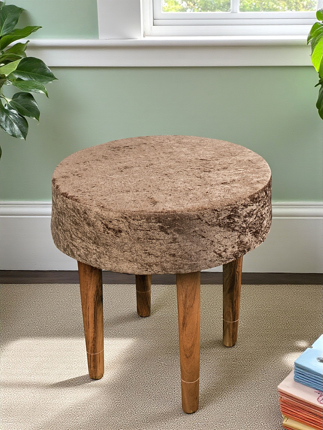 Ikiriya Nayla Sheesham Wood Contemporary Round Stool In Green Sparkle Velvet Upholstery