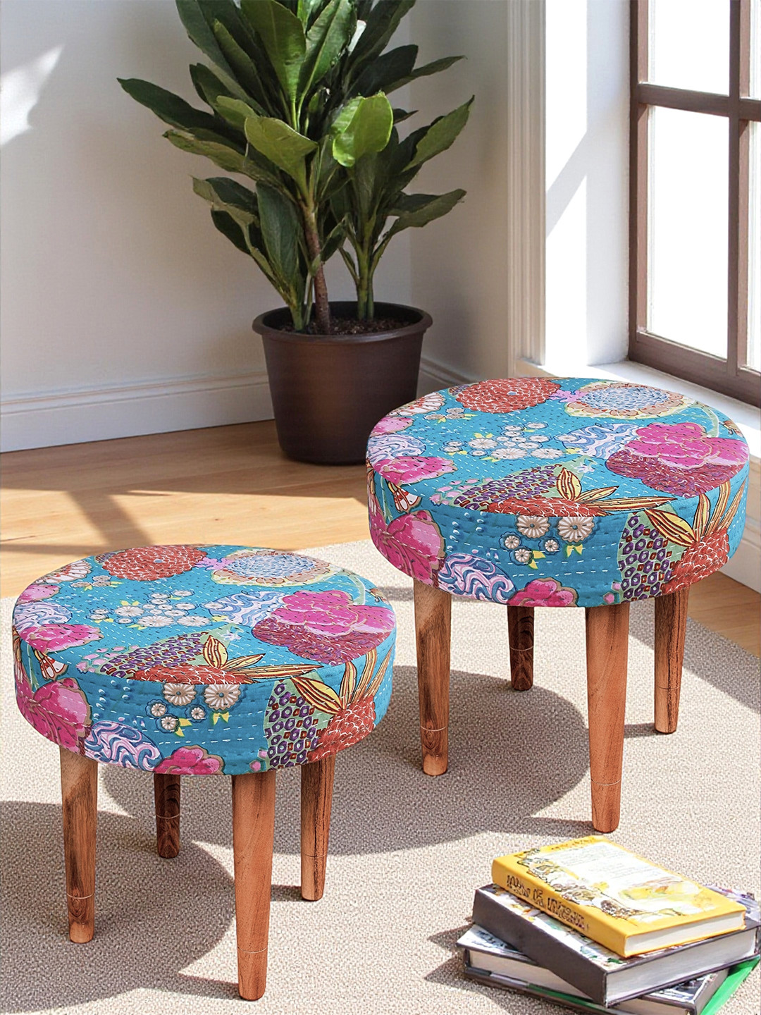 Ikiriya Rosewood Round Set Of 2 Stools In Sea Green Fruit Print Kantha Upholstery