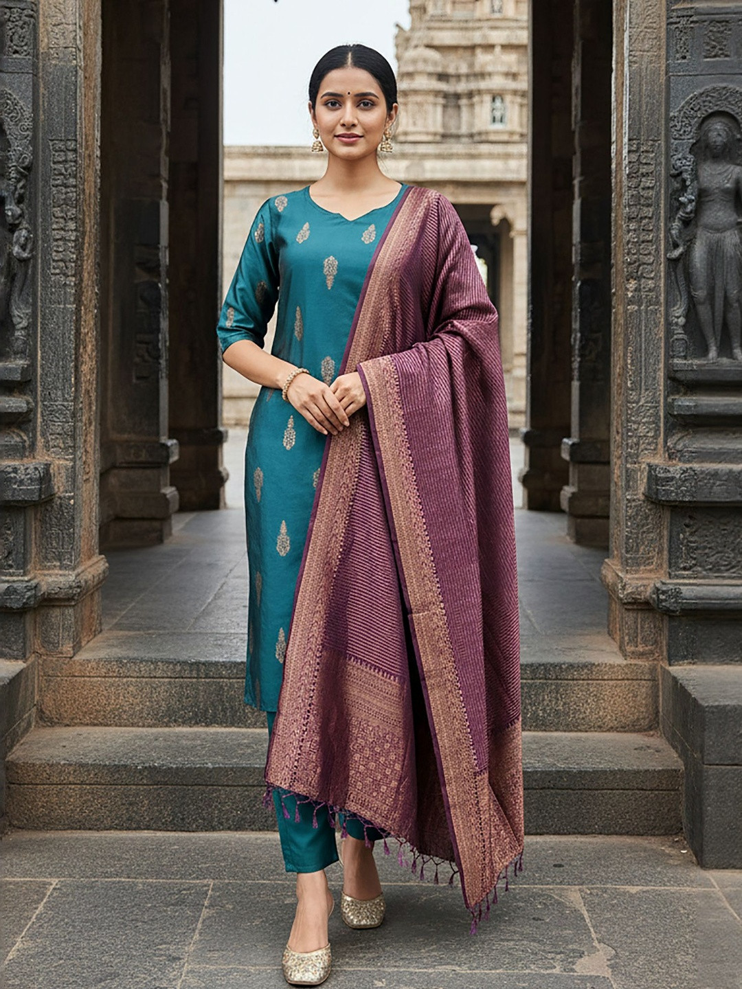 Moda Rapido Woven Design V-Neck Art Silk Kurta & Trousers With Dupatta