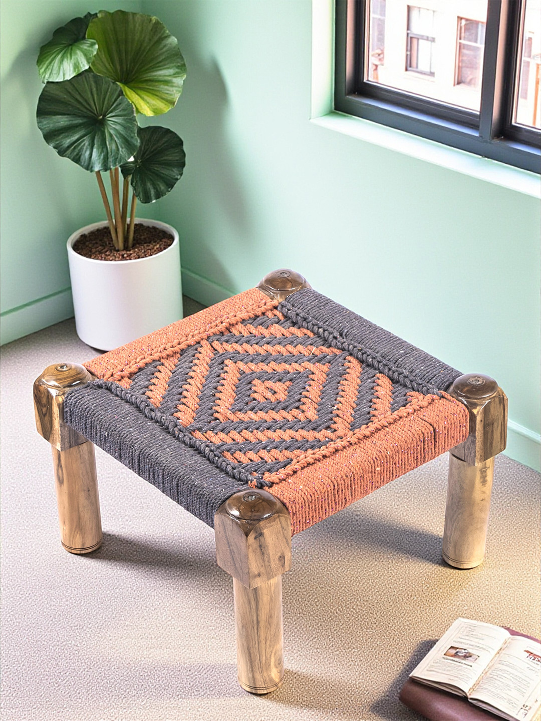 Ikiriya Riaza Sheesham Wood Vintage Square Maachi Foot Stool In Orange & Grey Rope Canning