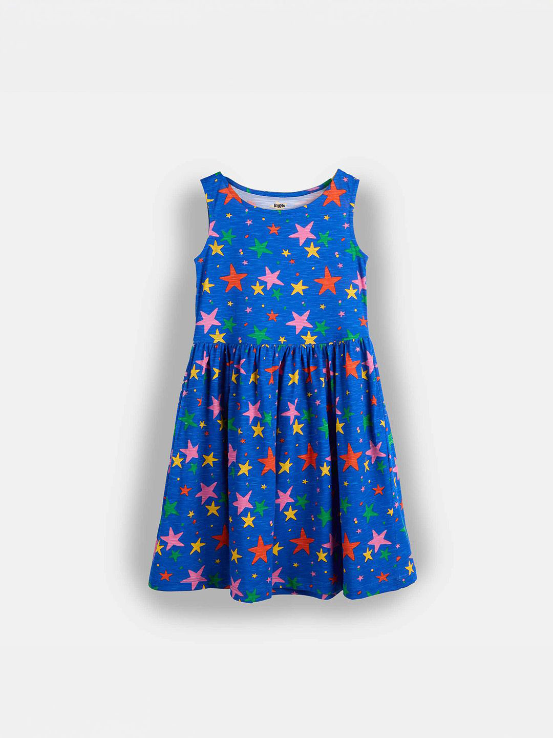Kiggle Girls Stars Printed Gathered or Pleated Boat Neck Cotton Fit & Flare Dress