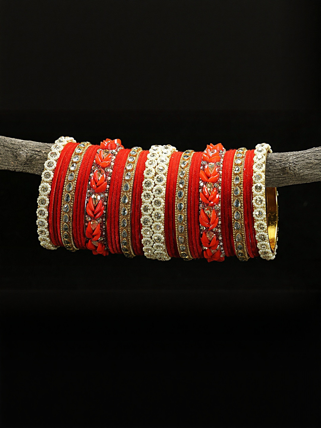 GLIKA Women Red Metal Base Zircon Gemstone Pearl & Kundan studded Bangle Set