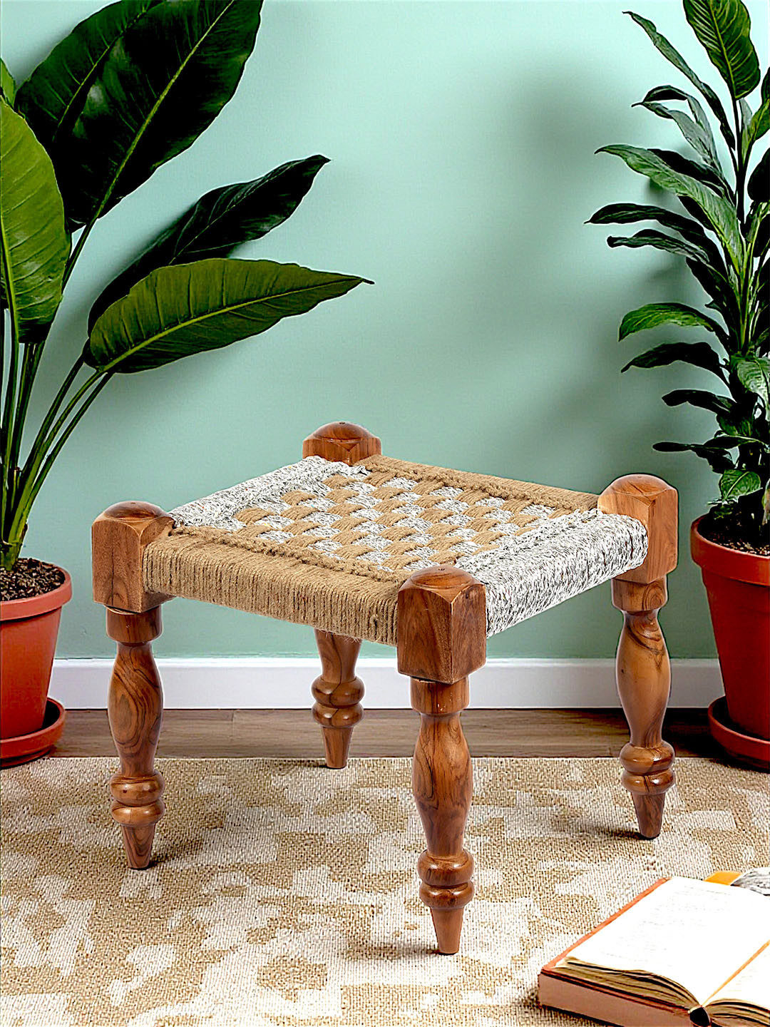Ikiriya Riaza Sheesham Wood Square Maachi Stool In Natural Jute & Silver Rope Canning