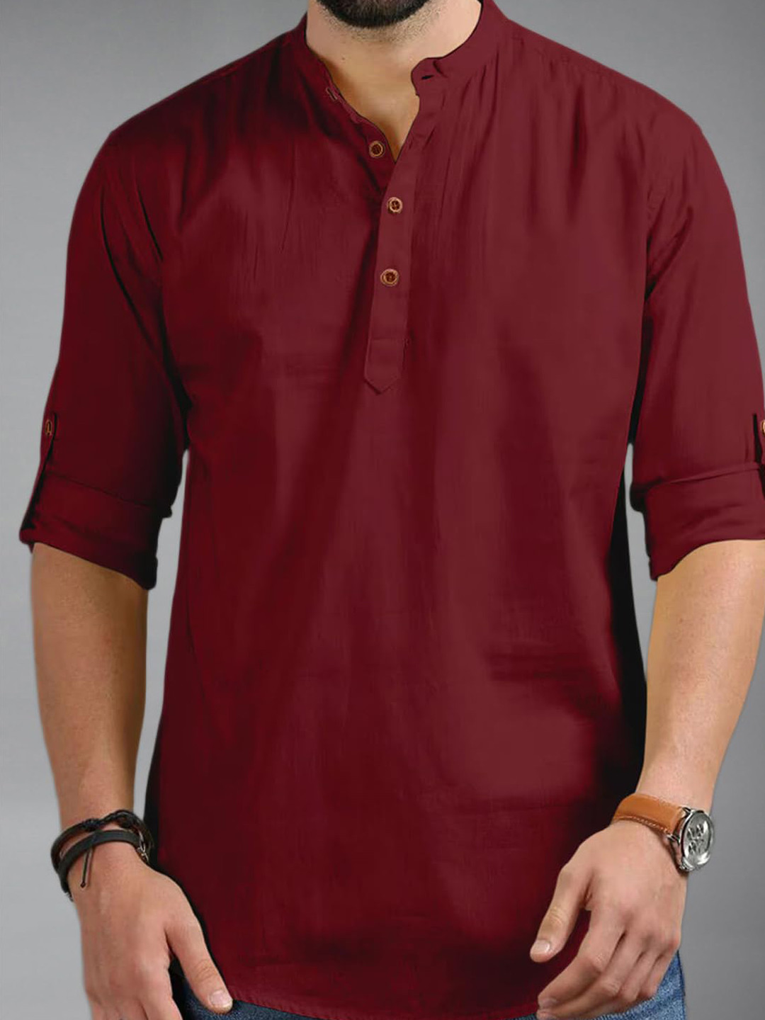univibe Men Band Collar Roll-Up Sleeves Straight Short Kurta