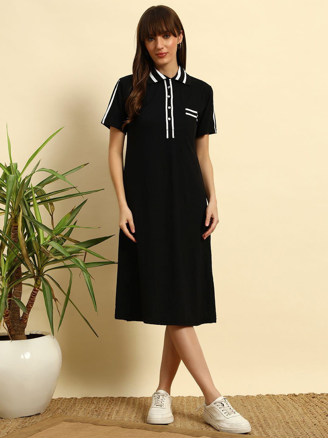 SEPHANI Striped Polo Collar Cotton T-shirt Midi Dress
