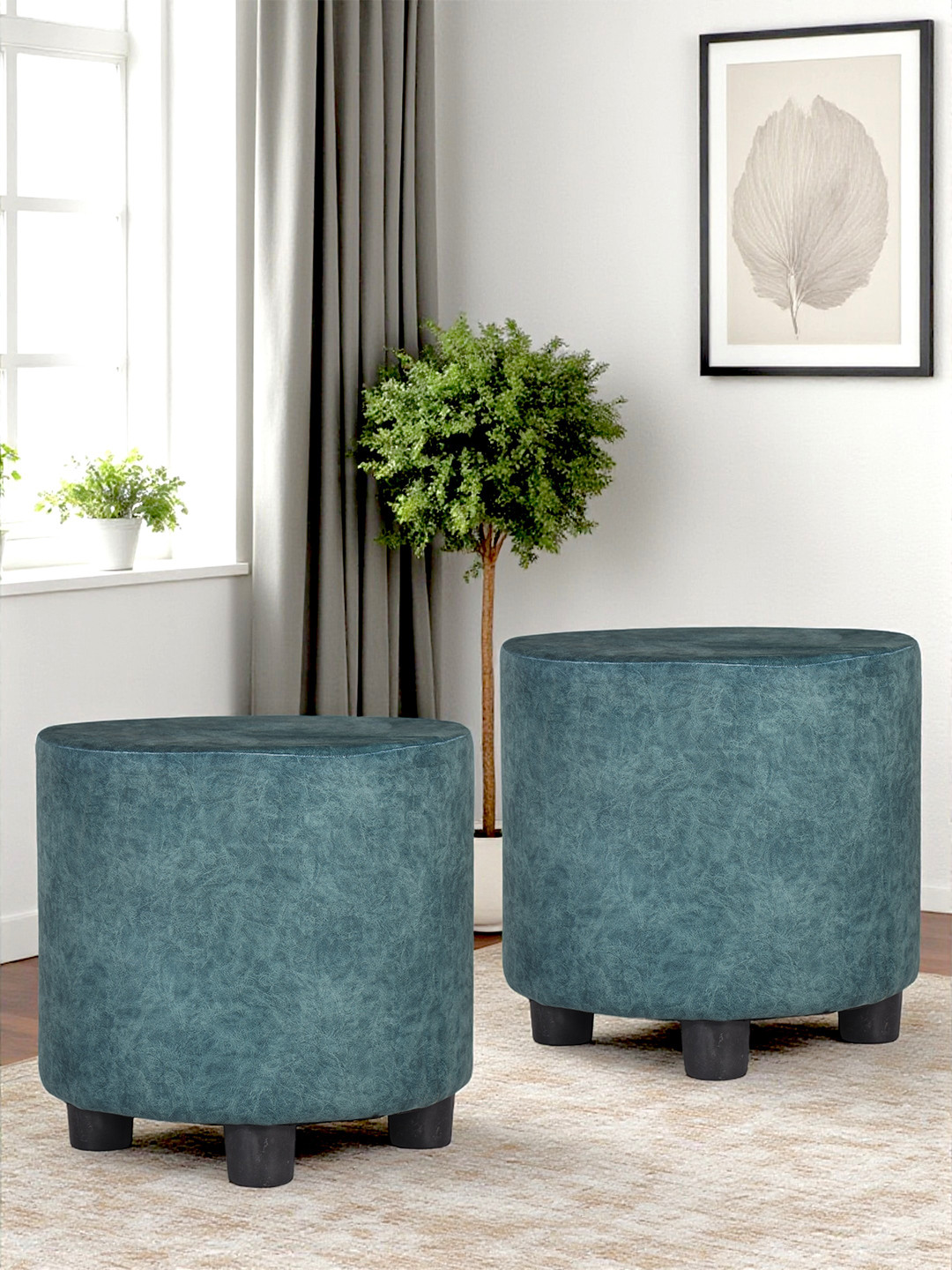Ikiriya Solid Wood Contemporary Round Set Of 2 Pouffees In Blue Jacquard Fabric Upholstery