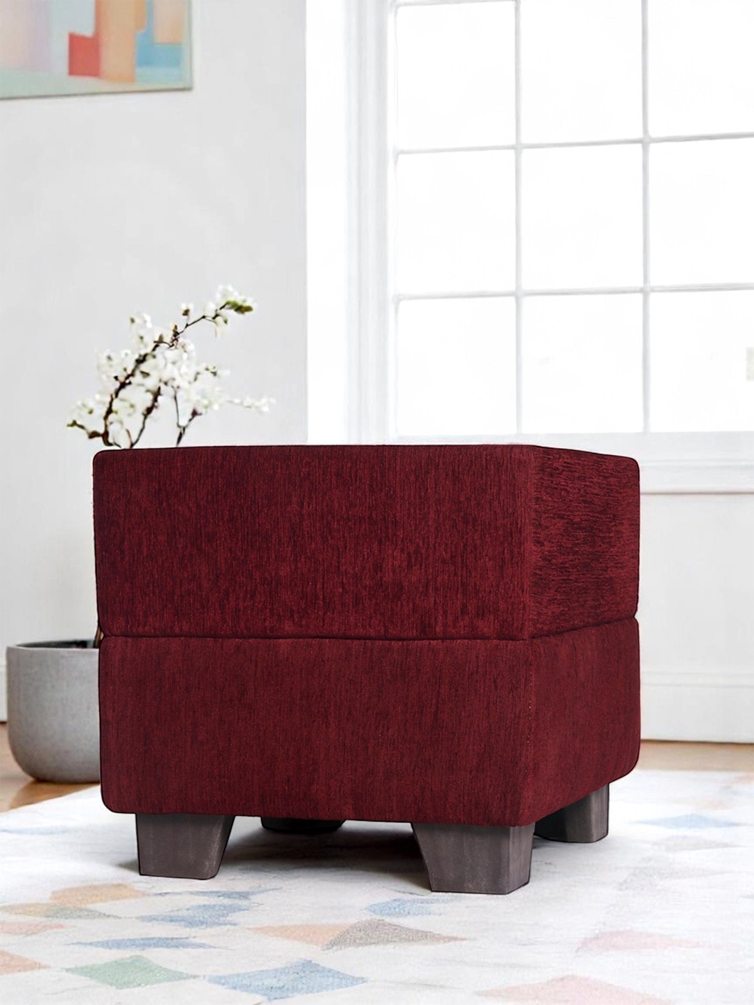 Ikiriya Iris Solid Wood Ottoman Pouffee In Mossy Maroon