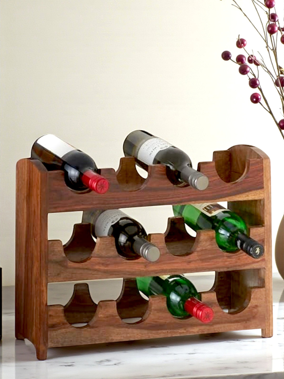 Ikiriya Kassel Sheesham Wood Accent Wine Rack In Natural Teak Finish For Upto 12 Bottles