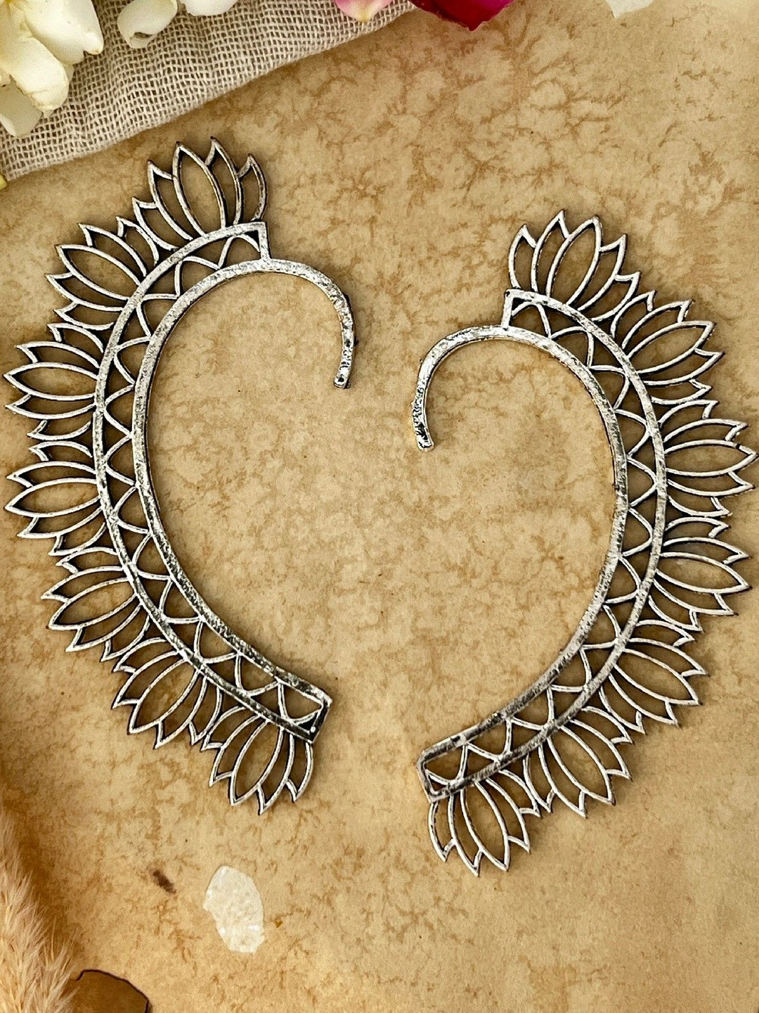 ISHKAARA Silver-Plated Lotus Oxidised Ear Cuff