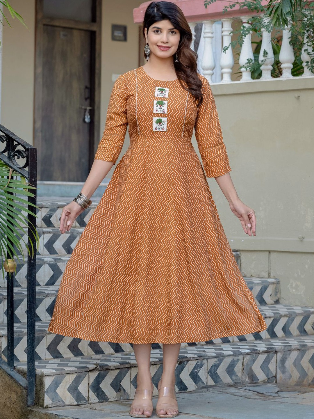 HERE&NOW Women Viscose Rayon A- Line Round Neck Embroidery Work Ethnic Dresses