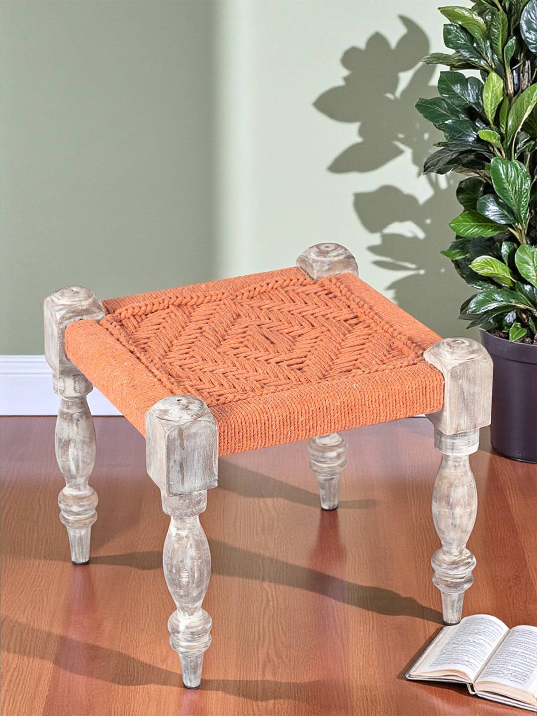 Ikiriya Riaza Sheesham Wood Vintage Square Maachi Stool In Orange Rope Canning