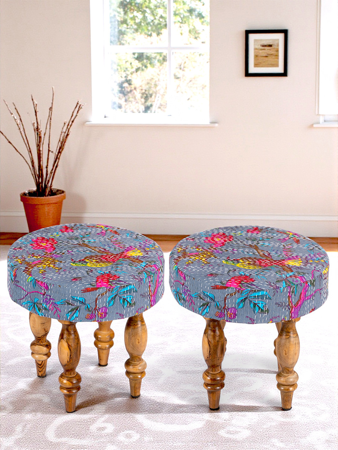 Ikiriya Sheesham Wood Mid Century Round Set Of 2 Stools In Grey Brid Print Kantha Fabric