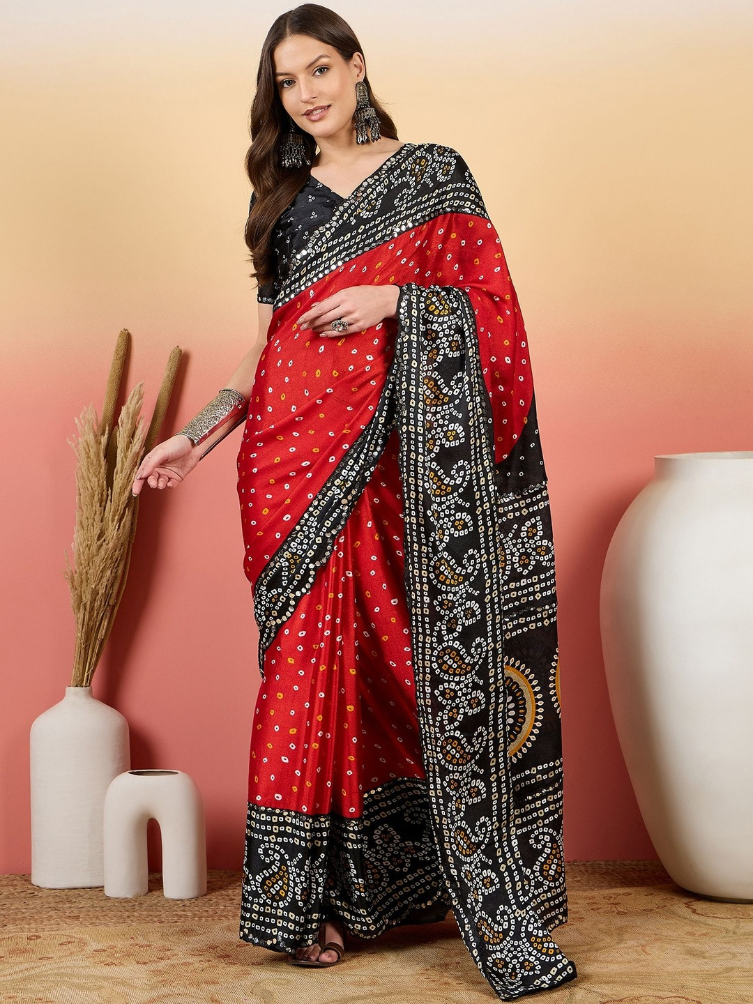 Desi Fusion Bandhani Mirror Work Half and Half Saree