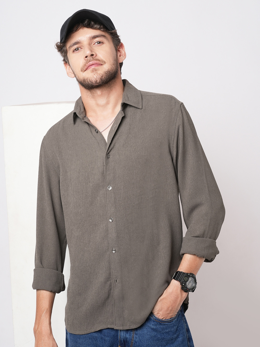 VASTRADO Classic Crushed Warm Textured Trail Slim Fit Casual Shirt