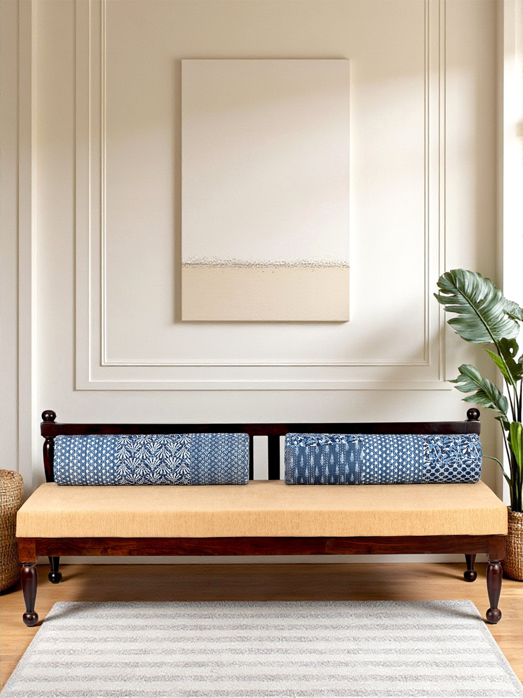 Ikiriya Sheesham Wood Couch In Dark Walnut Finish With 2 Pillows In Indigo Kantha Fabric