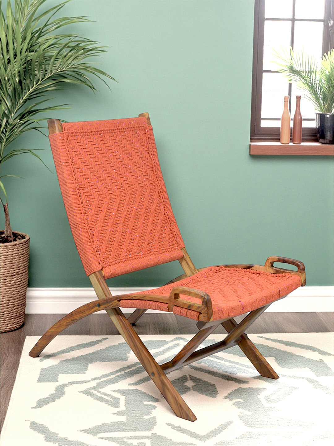 Ikiriya Natwest Sheesham Wood Vintage Relaxing Chair In Orange Rope Canning