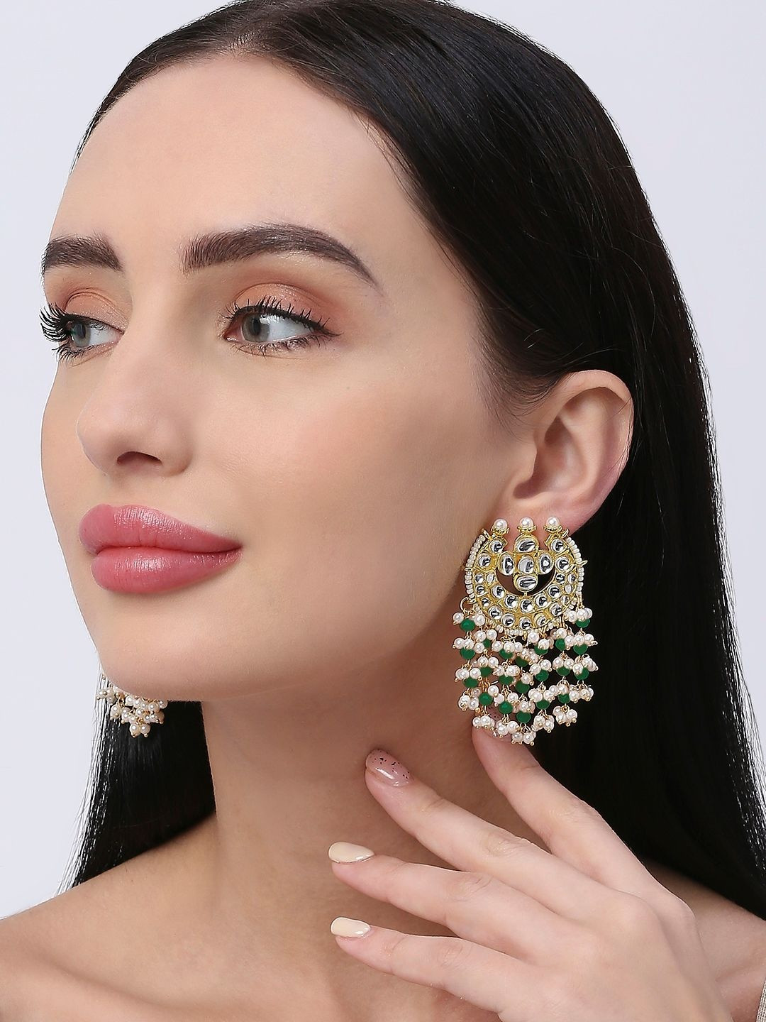 fabula Women Crescent Shaped Jadau Kundan Ethnic Drop Earrings