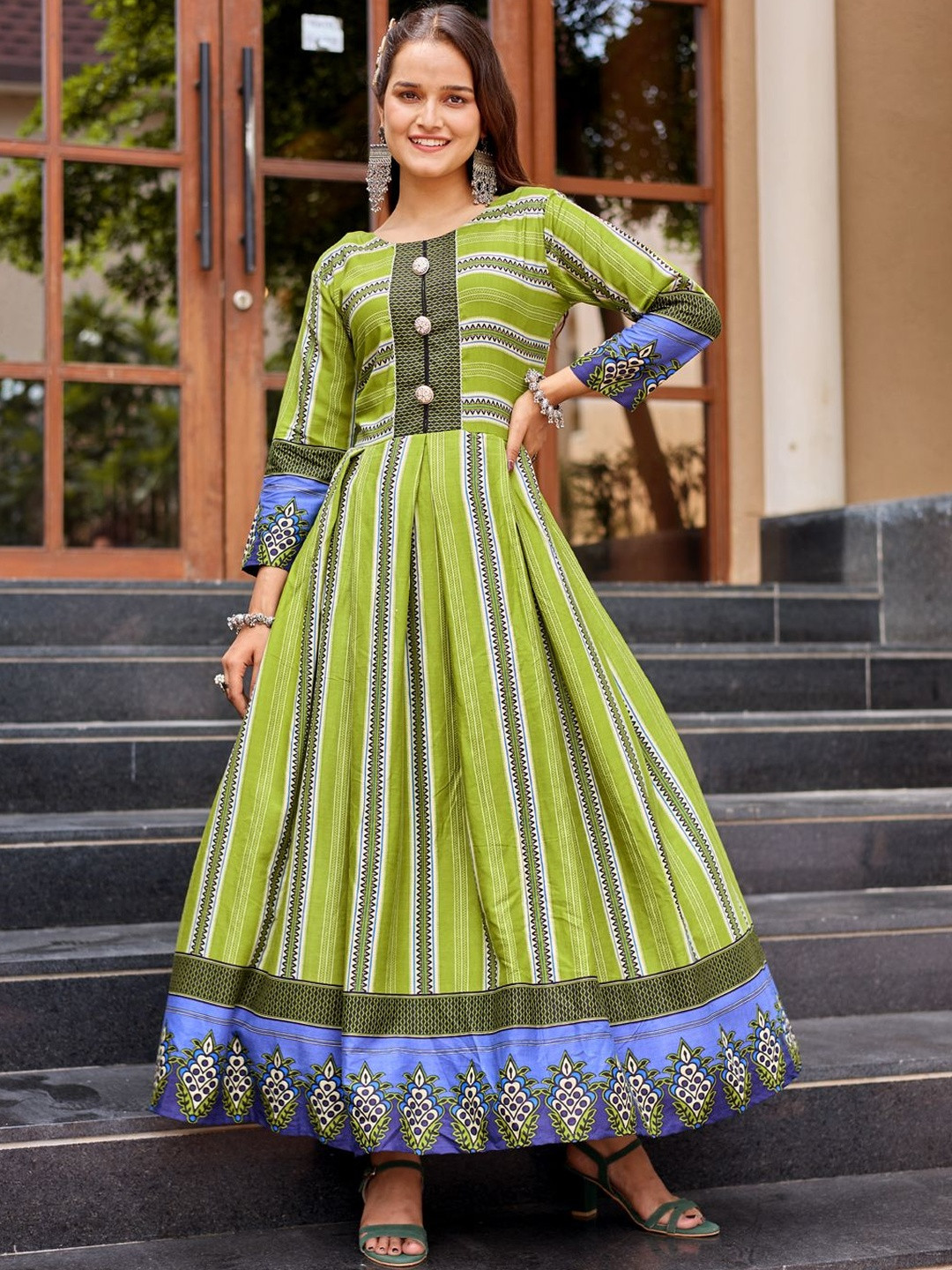HERE&NOW Women Striped Round Neck Rayon Anarkali Gown