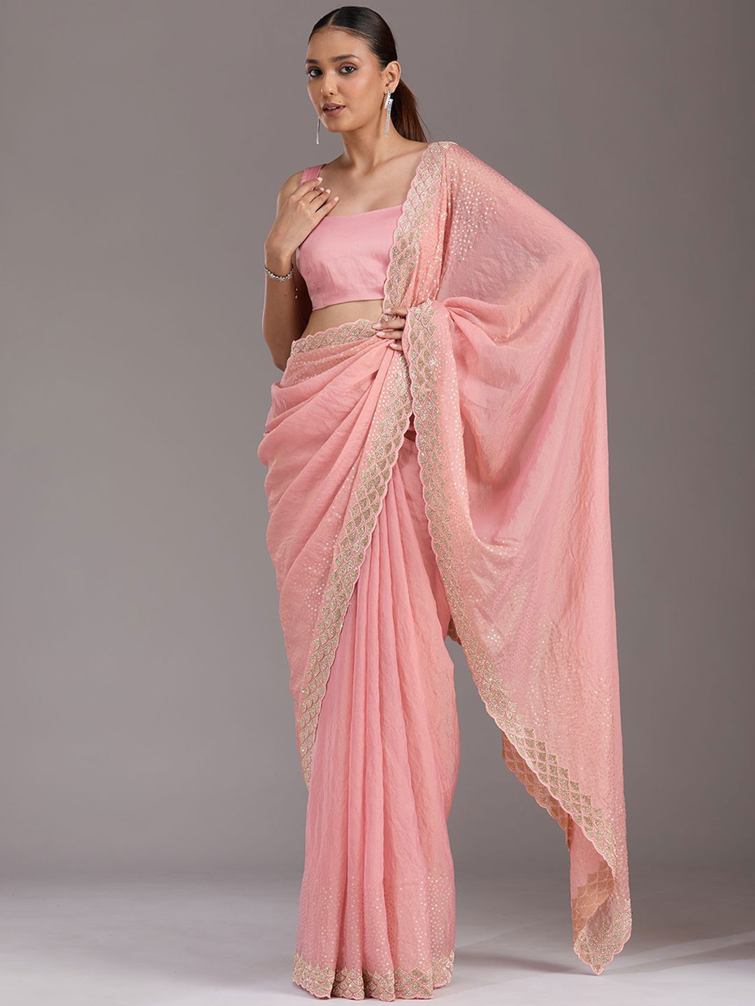 Koskii Baby Pink Sequins Tissue Saree