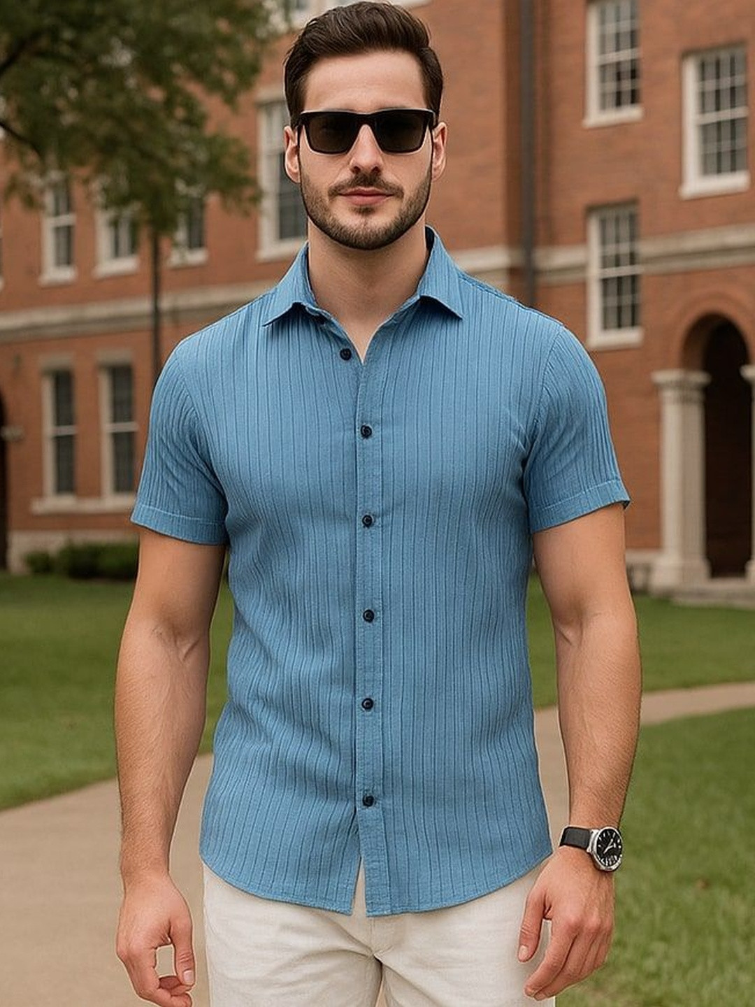 HERE&NOW Men Turquoise Blue Classic Stripes Party Shirt
