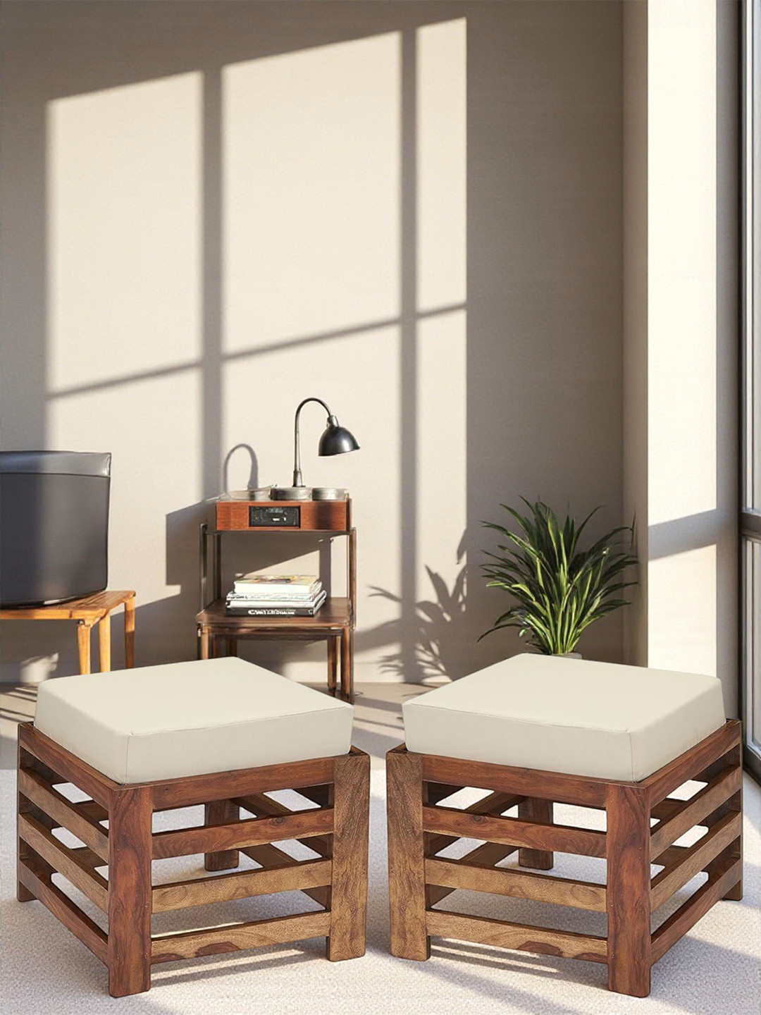 Ikiriya Sheesham Wood Set Of 2 Stools In Natural Teak Finish With Jute White Cushion