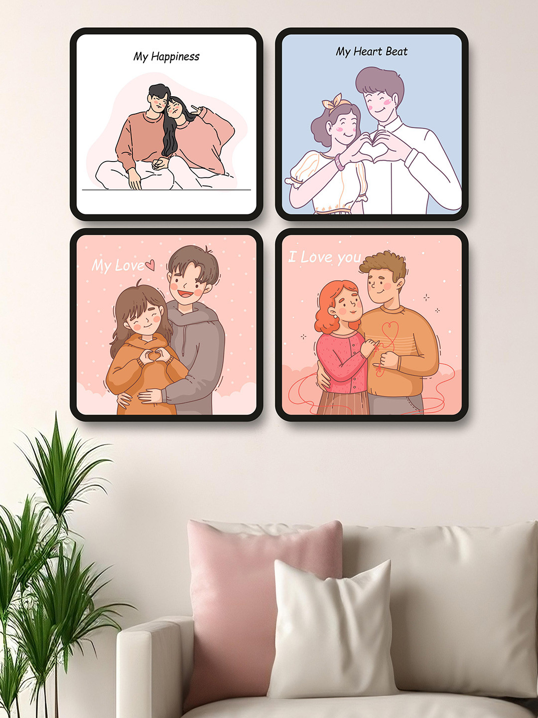SAF 4-Pcs White & Pink Couple Love Theme Painting Wall Art