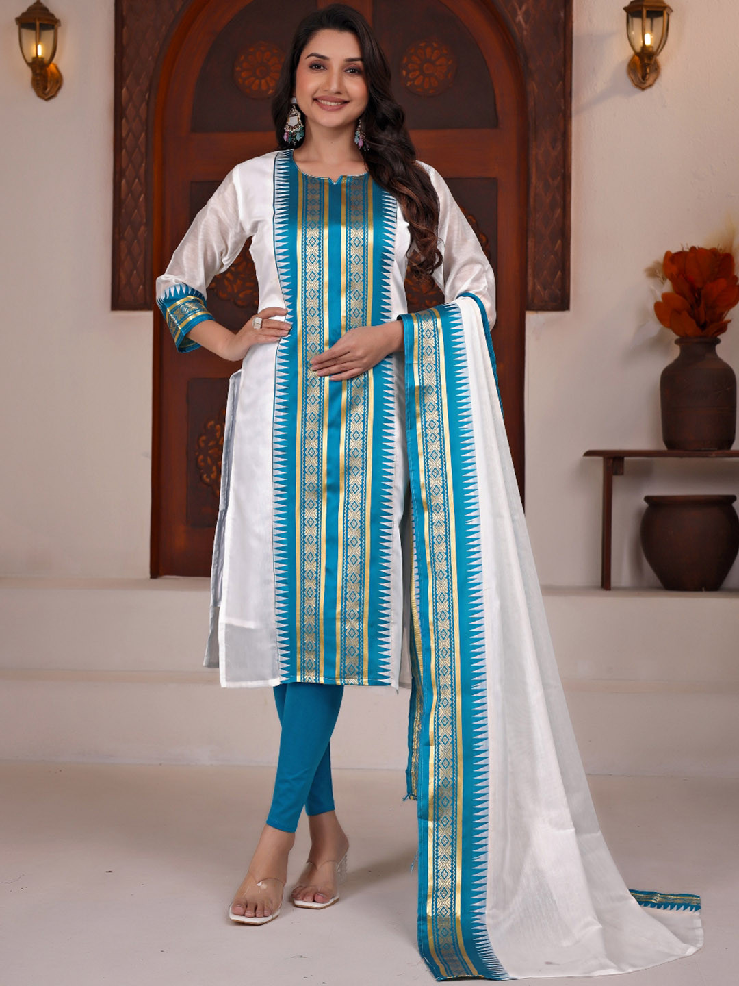 Shriyangan Floral Woven Design Zari Pure Kanchi Cotton Kurta With Dupatta