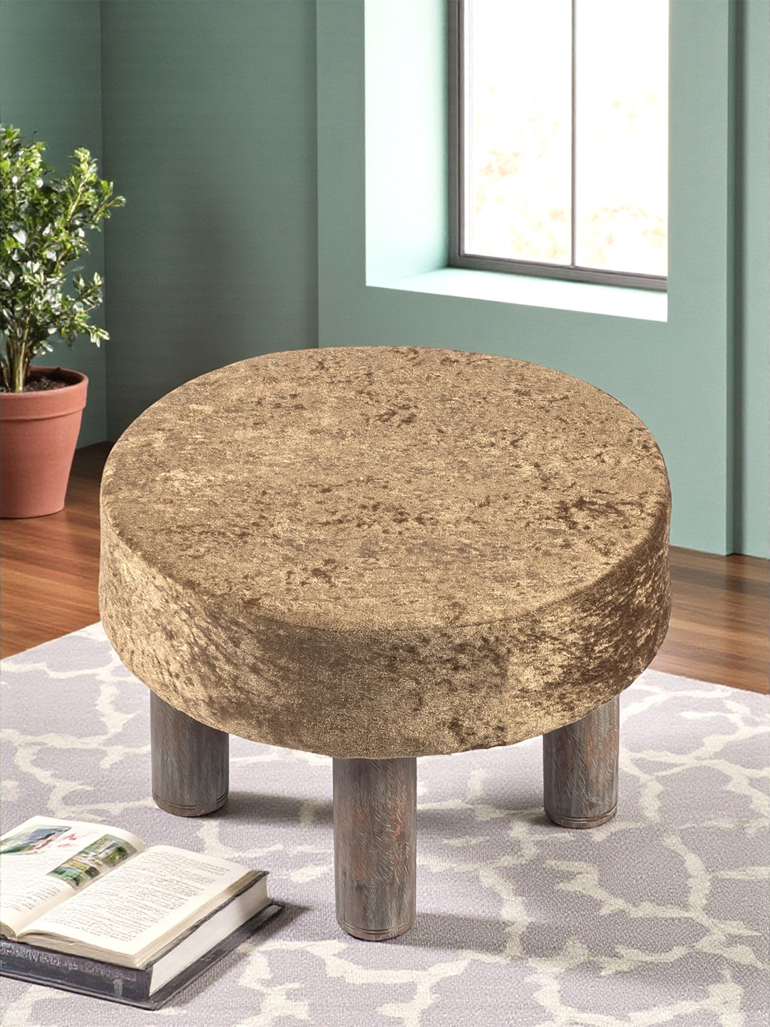 Ikiriya Maple Sheesham Wood Accent Round Foot Stool In Green Sparkle Velvet Upholstery