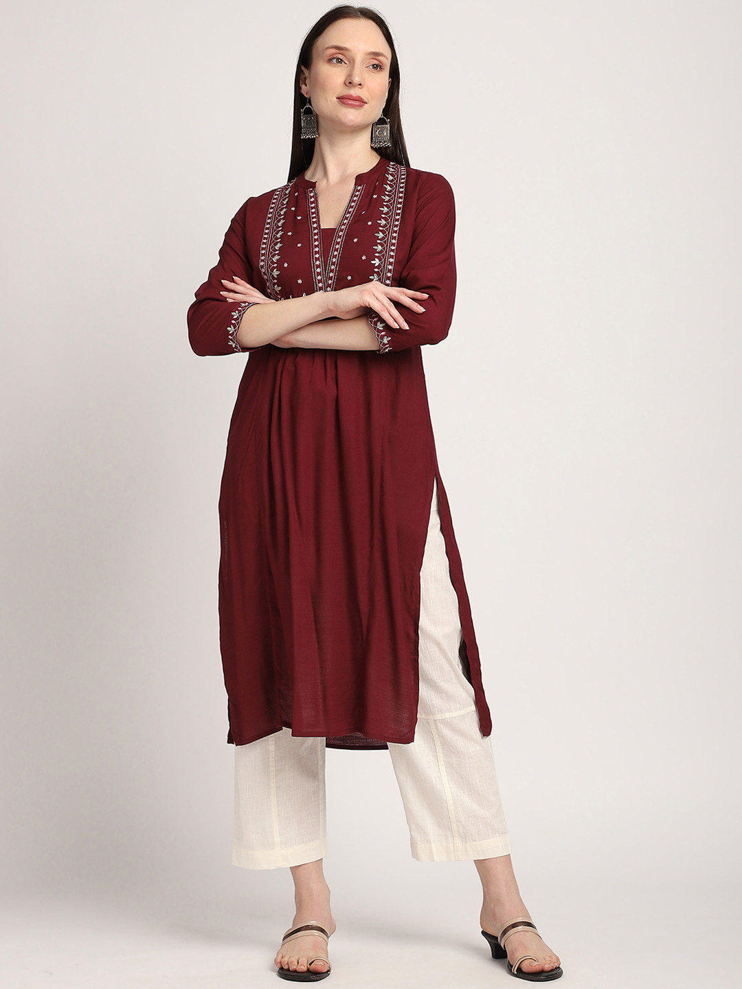 R&B Floral Embroidered Panelled Thread Work A-Line Kurta