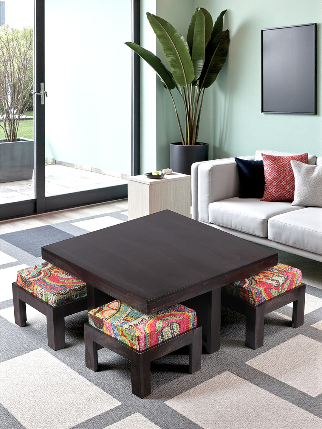 Ikiriya Sheesham Wood Bohemian Coffee Table Set In Dark Mahagony Finish