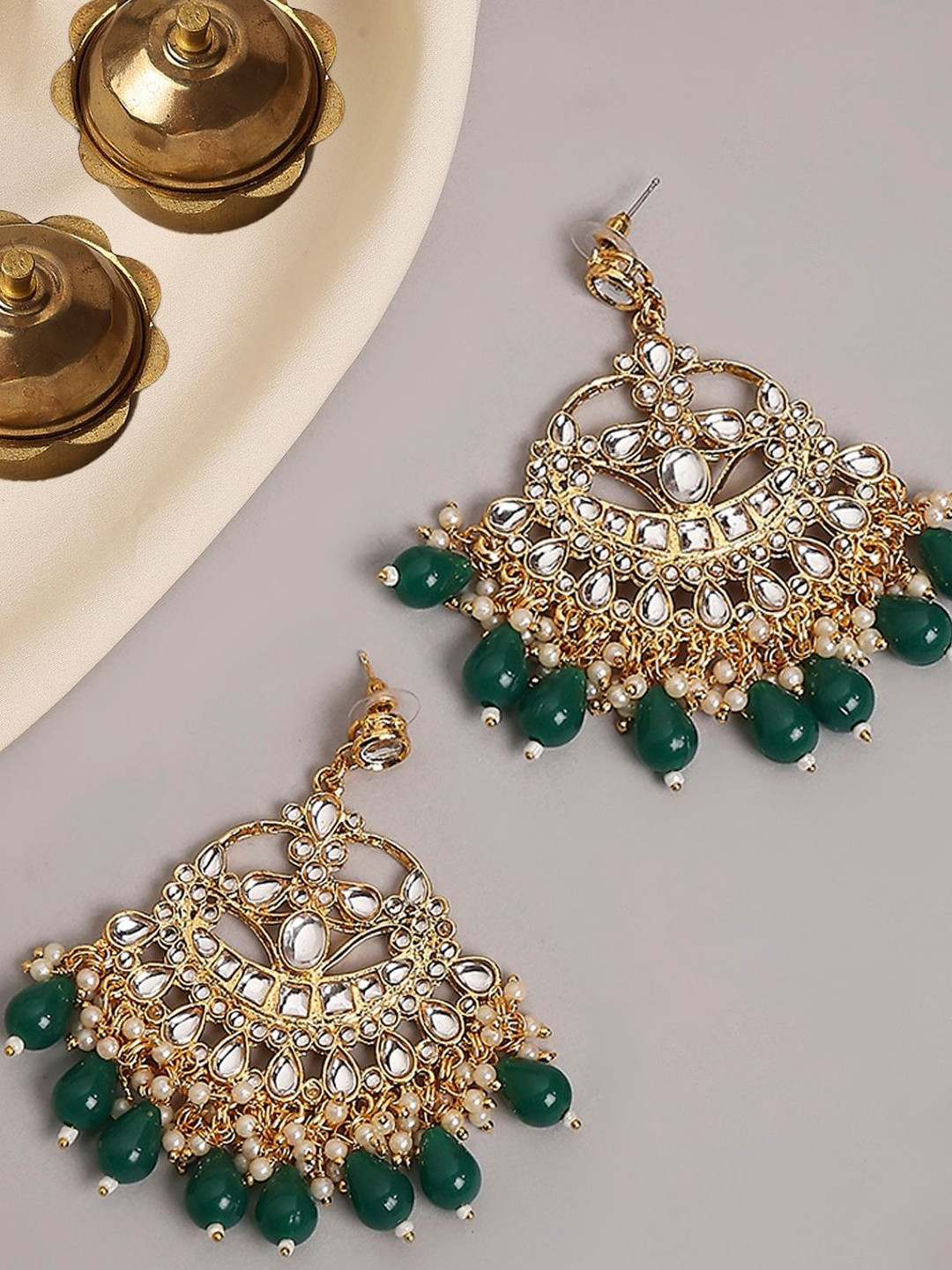 fabula  Kunadan Studded and Beaded Teardrop Shaped Drop Earrings